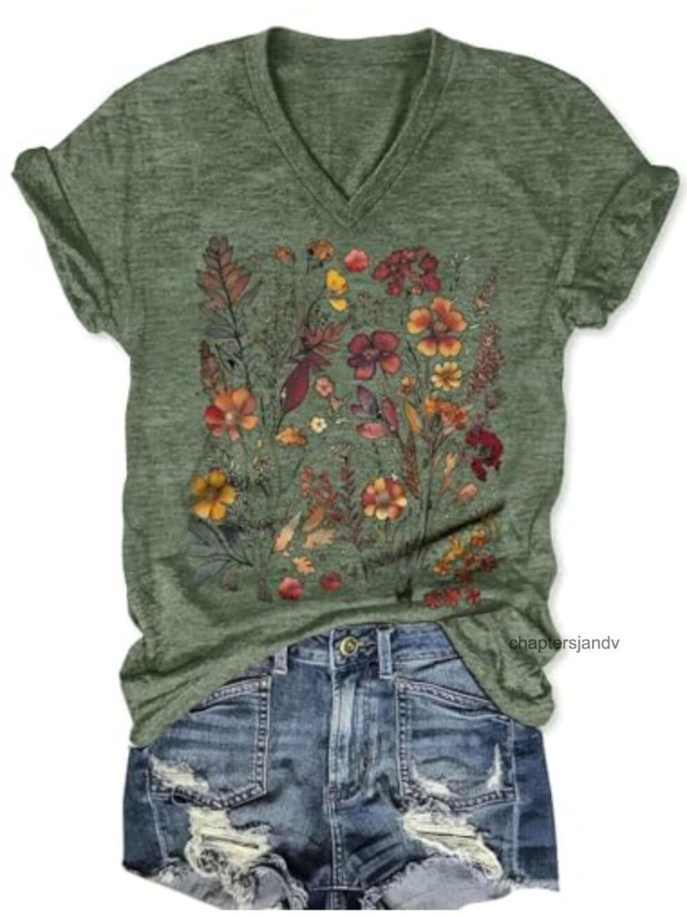 Boho Floral V Neck Short Sleeve T-Shirt for Women
